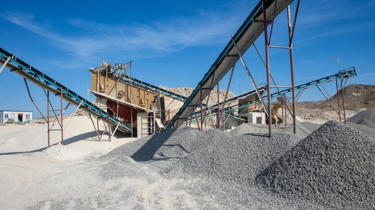 A crushing and screening plant with conveyors and stockpiles.
