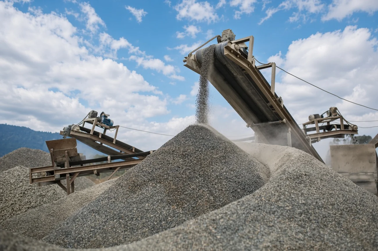 A conveyor dropping crushed stone onto a stockpile at a crushing plant.
